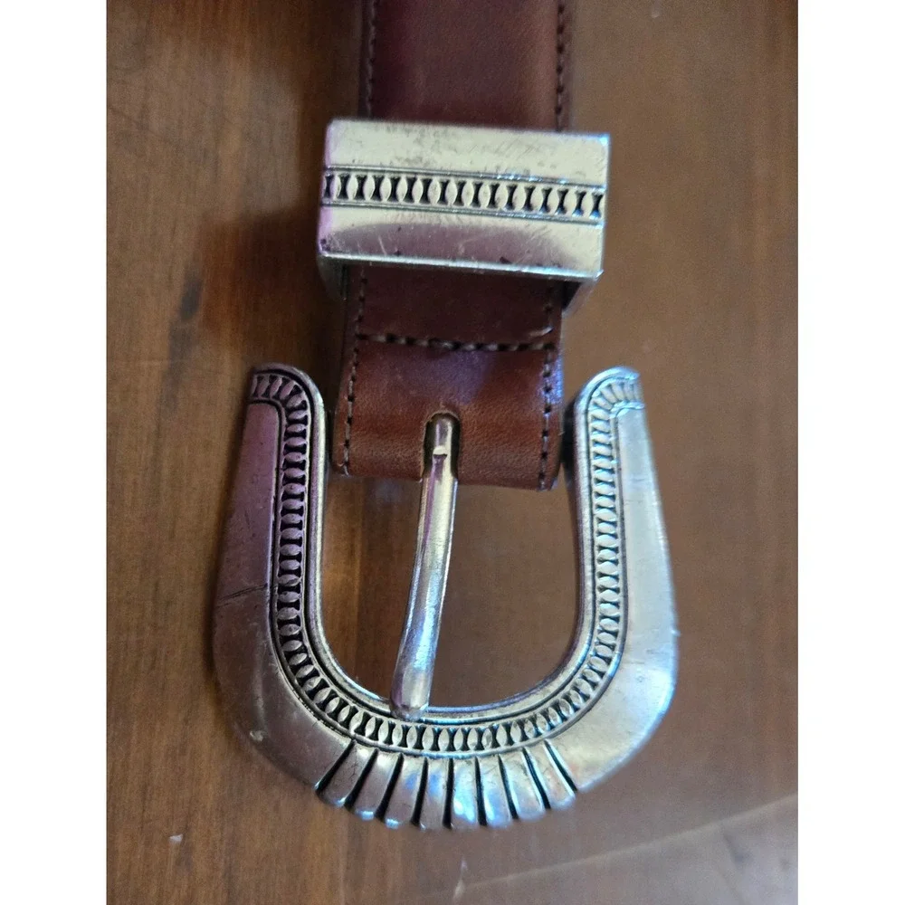 Onyx Brown Boho Chic Western Leather Belt Silver Engraved Buckle Tip Size 30
